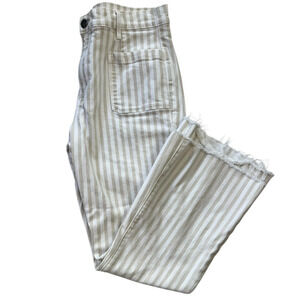 Frame Le Crop Tan White Striped Frayed Hem Cropped Flare Jeans Size 30
